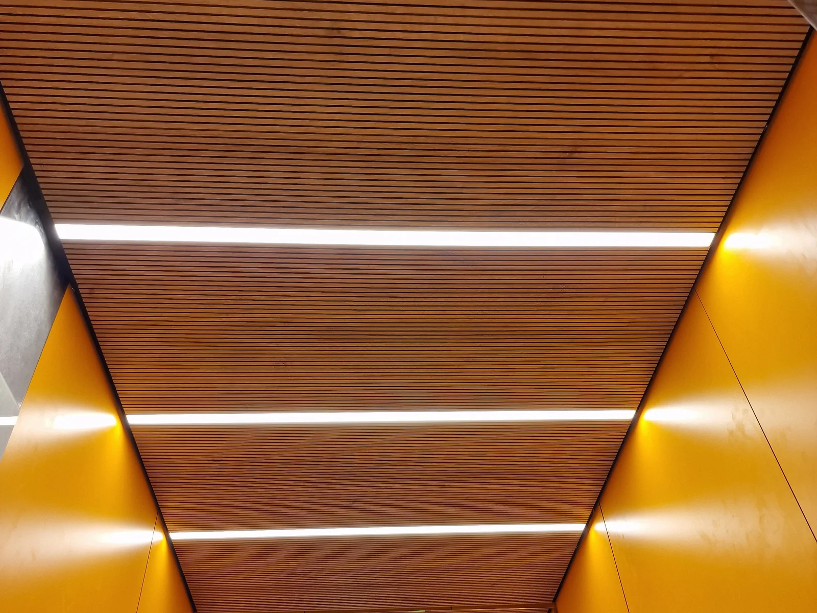 Sonderdecke mit Lamellen und integrierten Lichtlinien